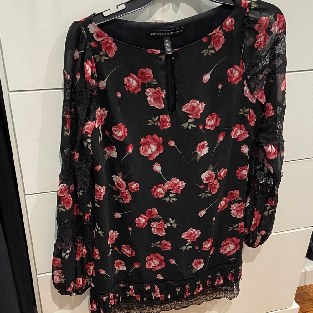 White House Black Market Black and Red Floral Top